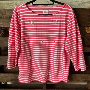 🟠RUBY RD 3/4 Sleeve Striped Top with Bead Detail in Pink/White XL
